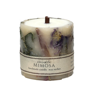 アロマワックスにドライフラワーを入れて固めたボタニカルキャンドル MIMOSA FLOWER AROMA CANDLE（ミモザ フラワー アロマ キャンドル）